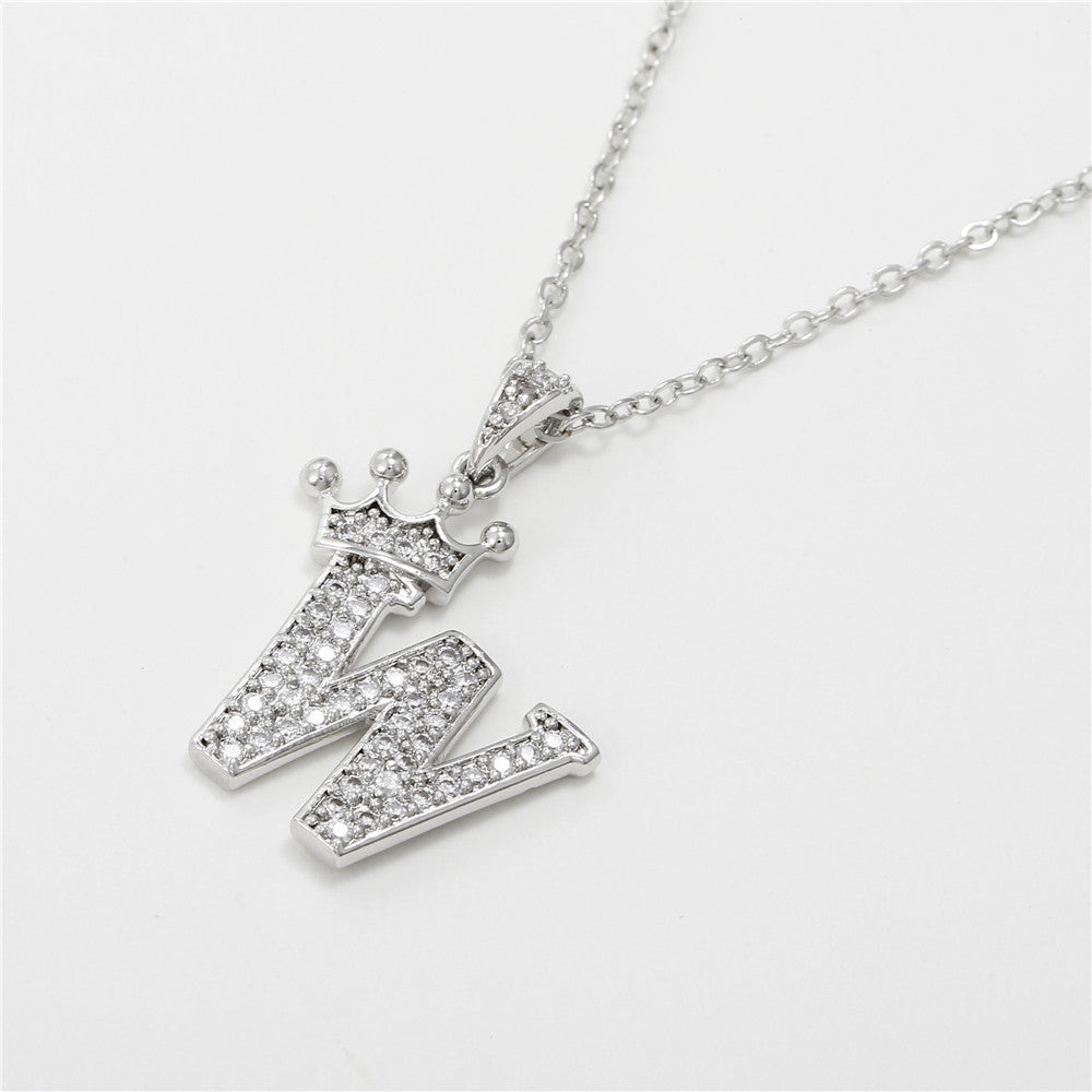 Minimalist Crown Letter Cubic Zirconia Micro-inlay Brass Necklace with Cable Chain