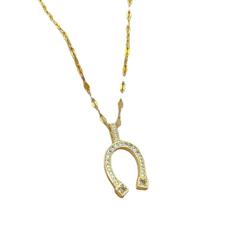Collana Minimalista Geometrica da Donna in Acciaio al Titanio con Accenti Micro-Pavé Dorati e Delicata Catena a Clavicola