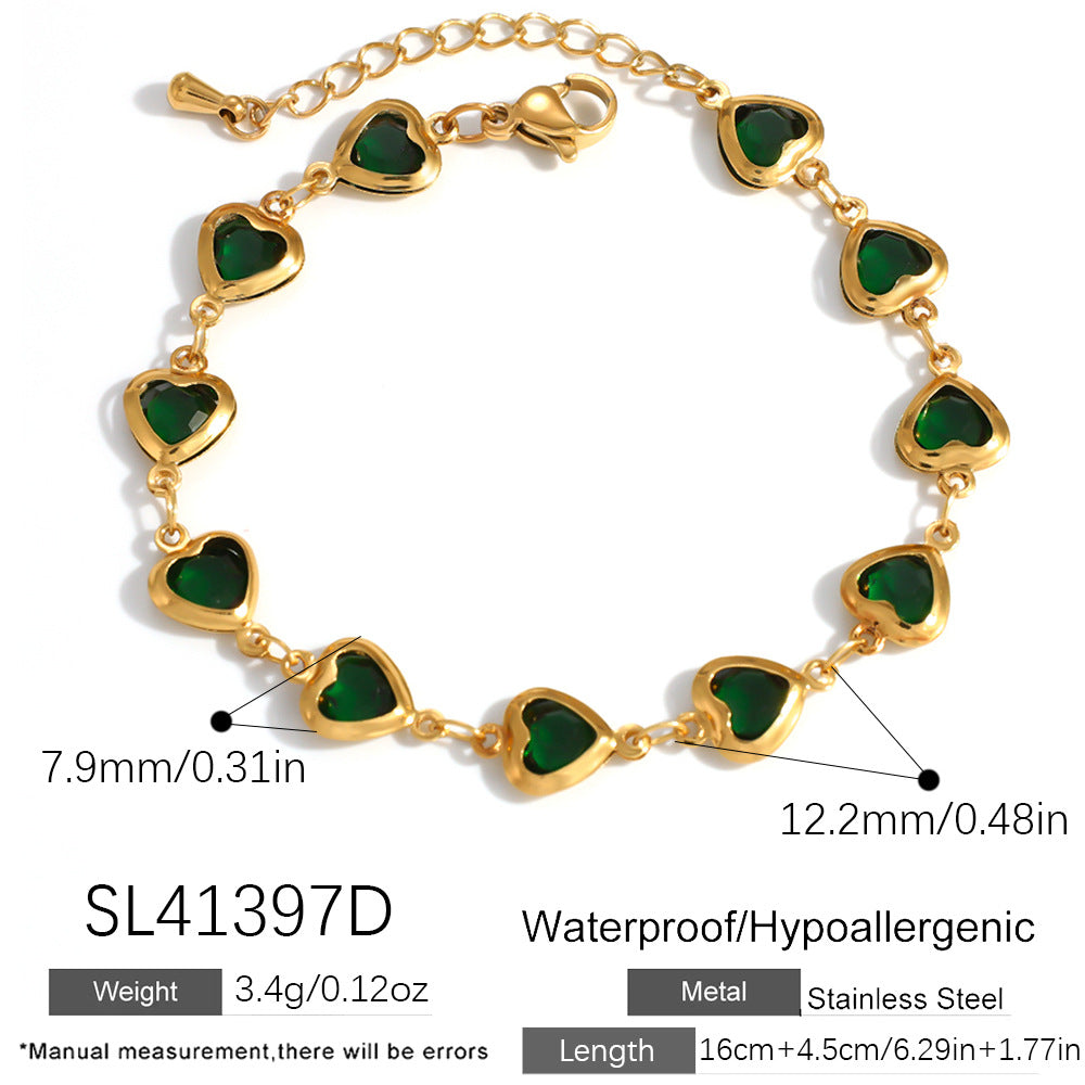 Elegante bracciale da donna in acciaio inossidabile placcato oro 18 carati a forma di cuore con intarsio di cristalli colorati