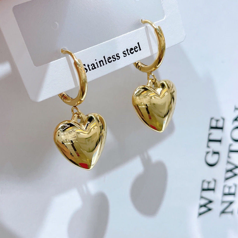 Minimalist Three-Dimensional Heart-Shaped Stainless Steel Earrings with Plated Finish for Women