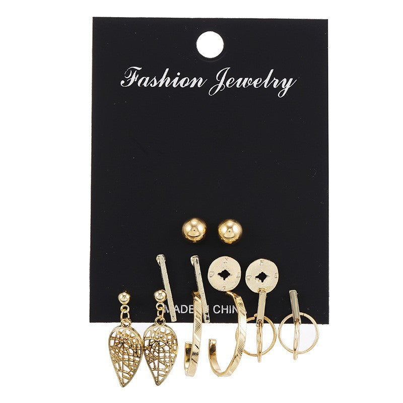 Vintage Geometric Leaf Compass Hollow Rectangle Round Stud Earrings Set Alloy Plated Micro-inlay Unisex