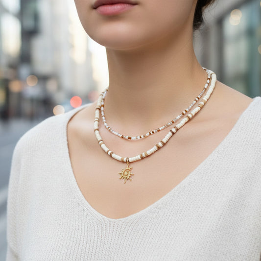 Casual Handmade Geometric Sun Alloy Pendant Coconut Shell Ball Chain Necklace Multi-layer Beach Vacation Jewelry