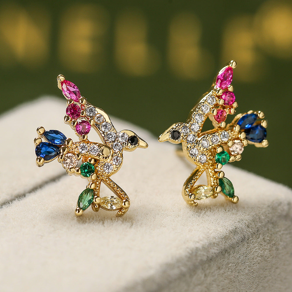 Minimalist Geometric Bird Floral Heart Earrings for Women in Copper with Real Gold Plating and Zircon Inlay