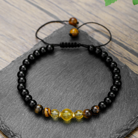 Vintage Bohemian Geometric Black Agate Yellow Crystal Tiger Eye Beaded Energy Bracelet for Unisex