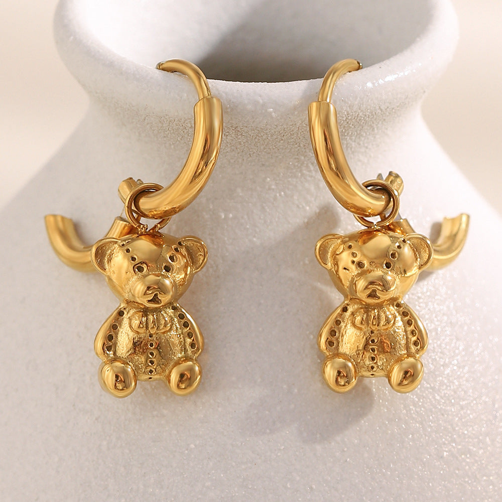 Minimalist Bear-Shaped Stainless Steel Earrings with 18K Gold Plating for Women