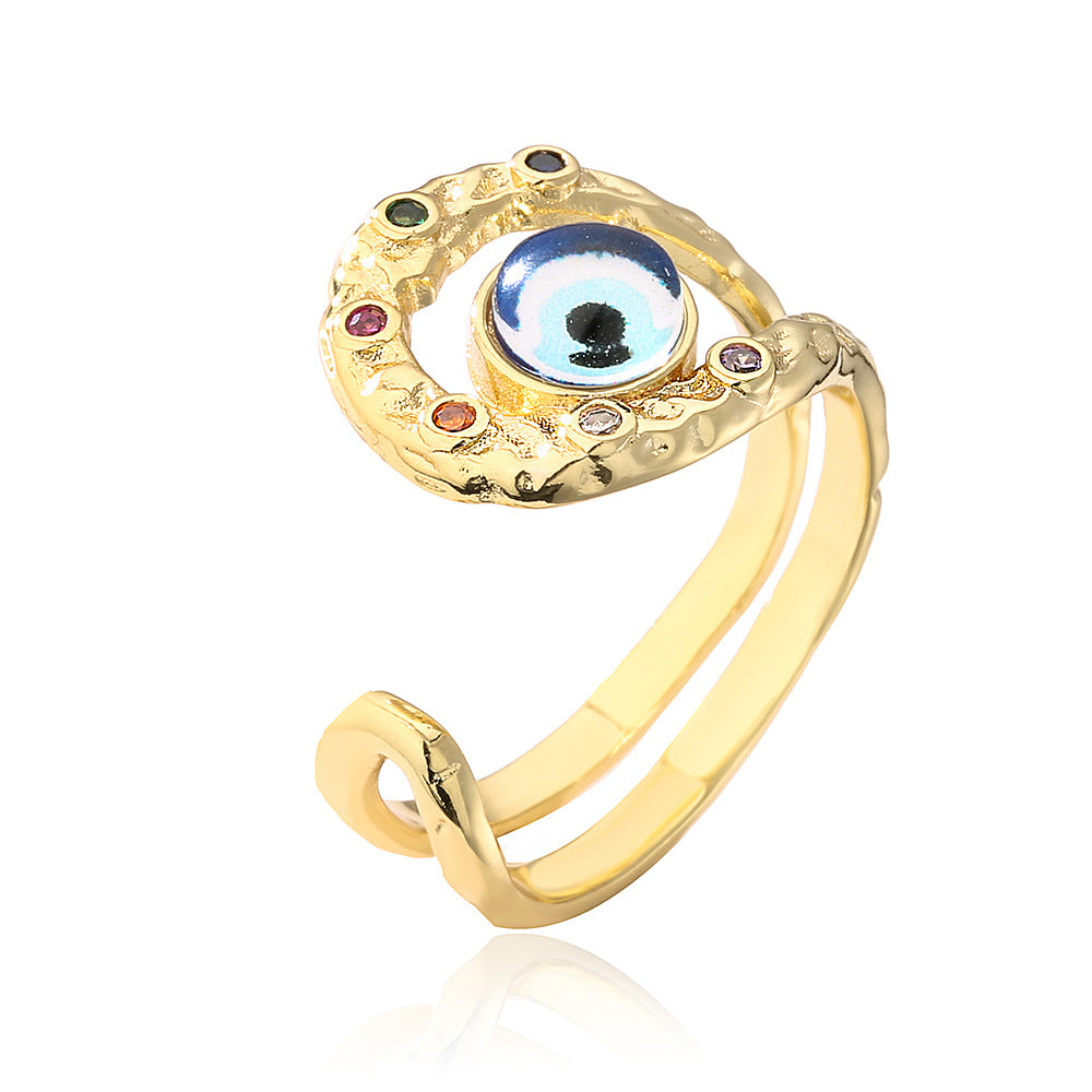 Bohemian Evil Eye Open Ring for Women in Copper with Micro-Pave Setting Geometric Design