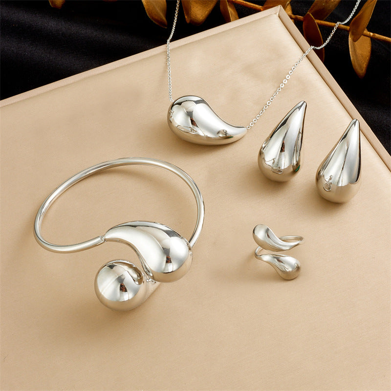 Minimalist Polished Teardrop Stainless Steel Cuff Bracelet Set for Women