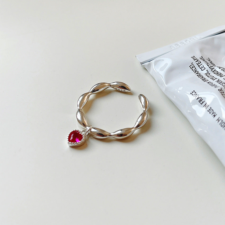 Minimalist Rose Red Heart-Shaped 925 Sterling Silver Ring for Women