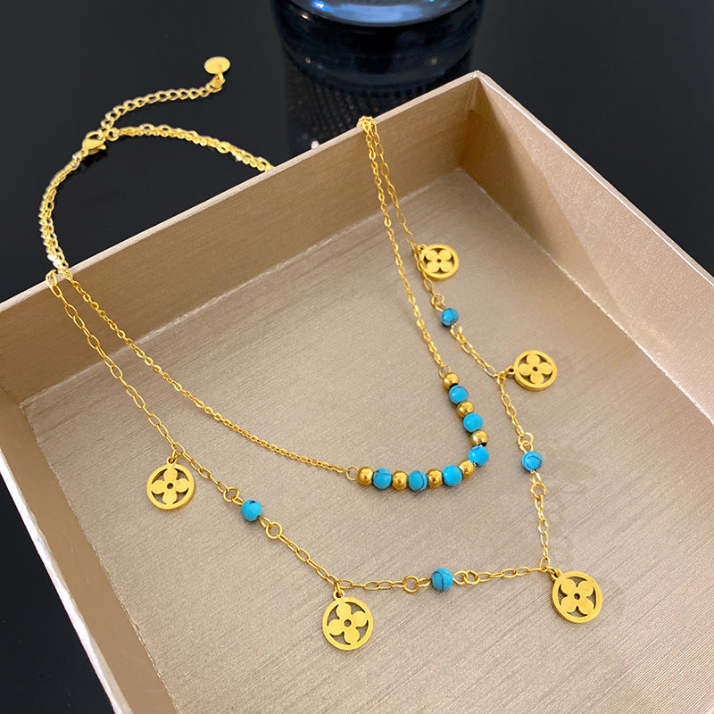Layered Geometric Star Flower Pendant Titanium Steel Plated Necklace for Unisex