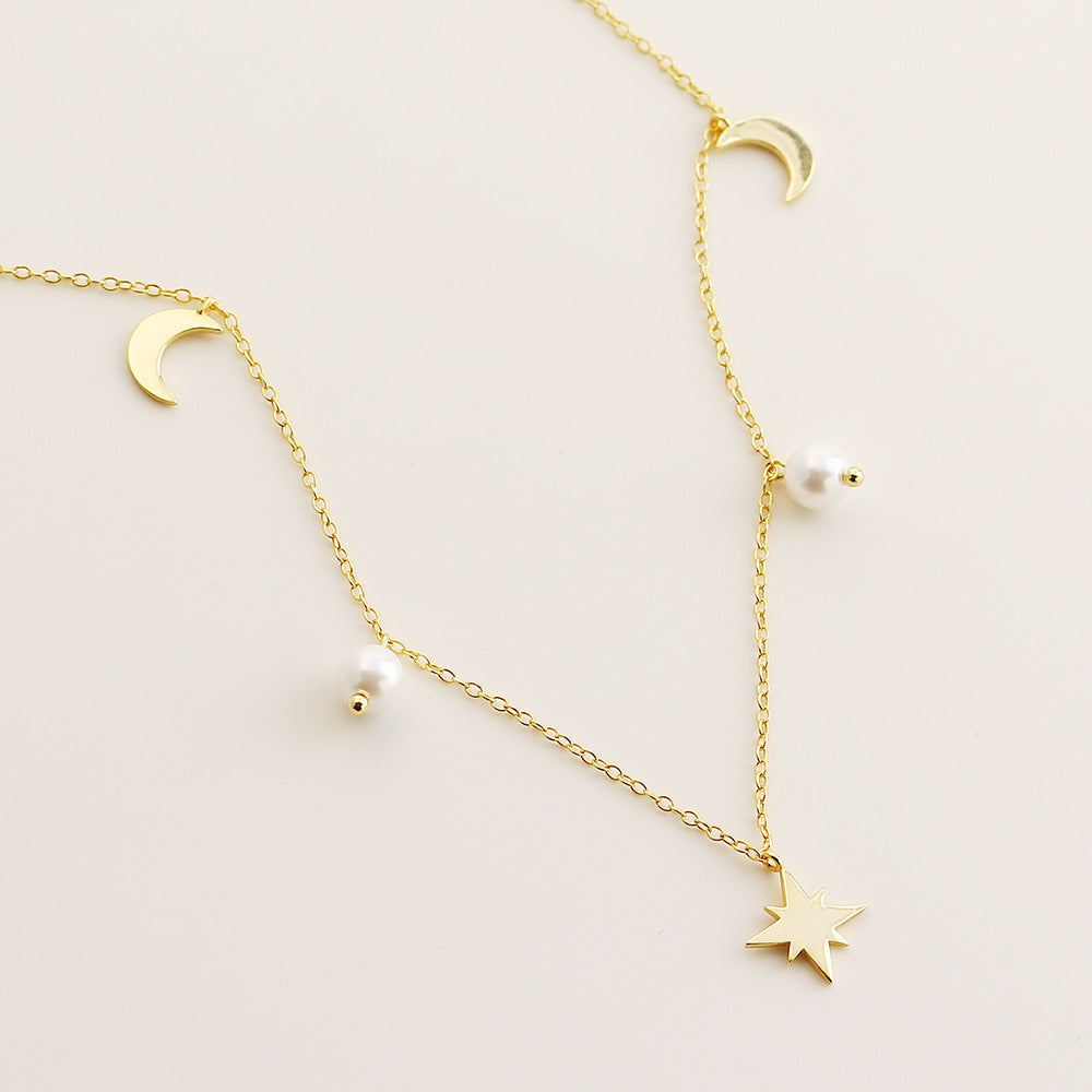 Elegante collar con colgante de perla de estrella y luna de plata de ley 925 con cadena chapada para mujer