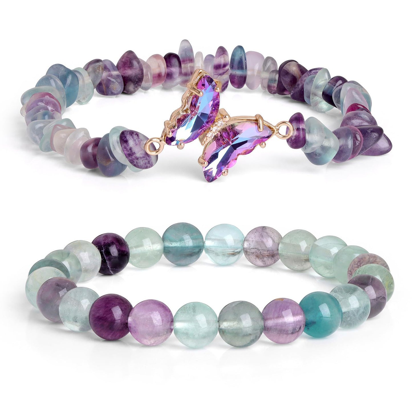 Minimalist Natural Amethyst and White Cat's Eye Crystal Chip Beaded Bracelet with Butterfly Charm for Women
