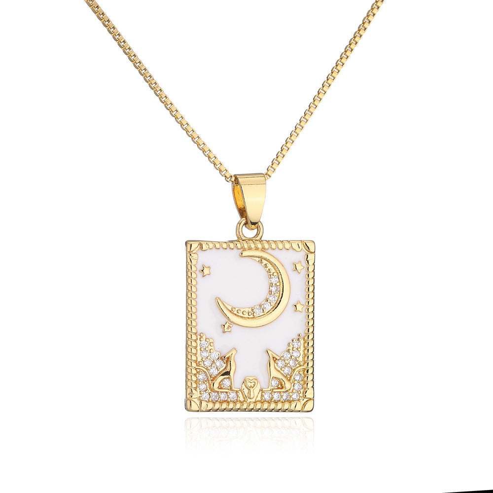 Retro-Style Geometric Oil-Dipped Zircon Oil Painting Pendant Necklace for Women in Copper with 18K Gold Plating