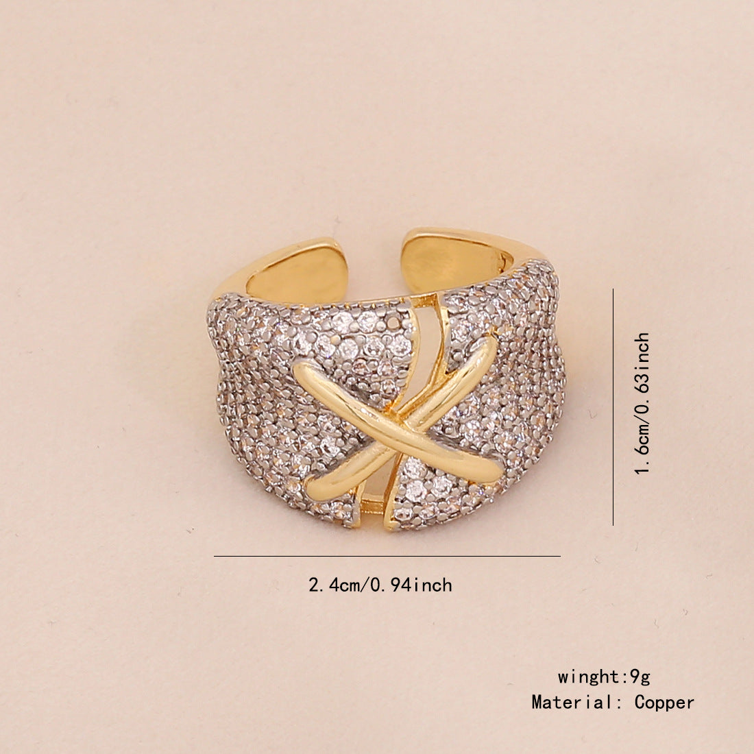 Geometric Heart-Shaped Copper Ring with Zircon Inlay for Women