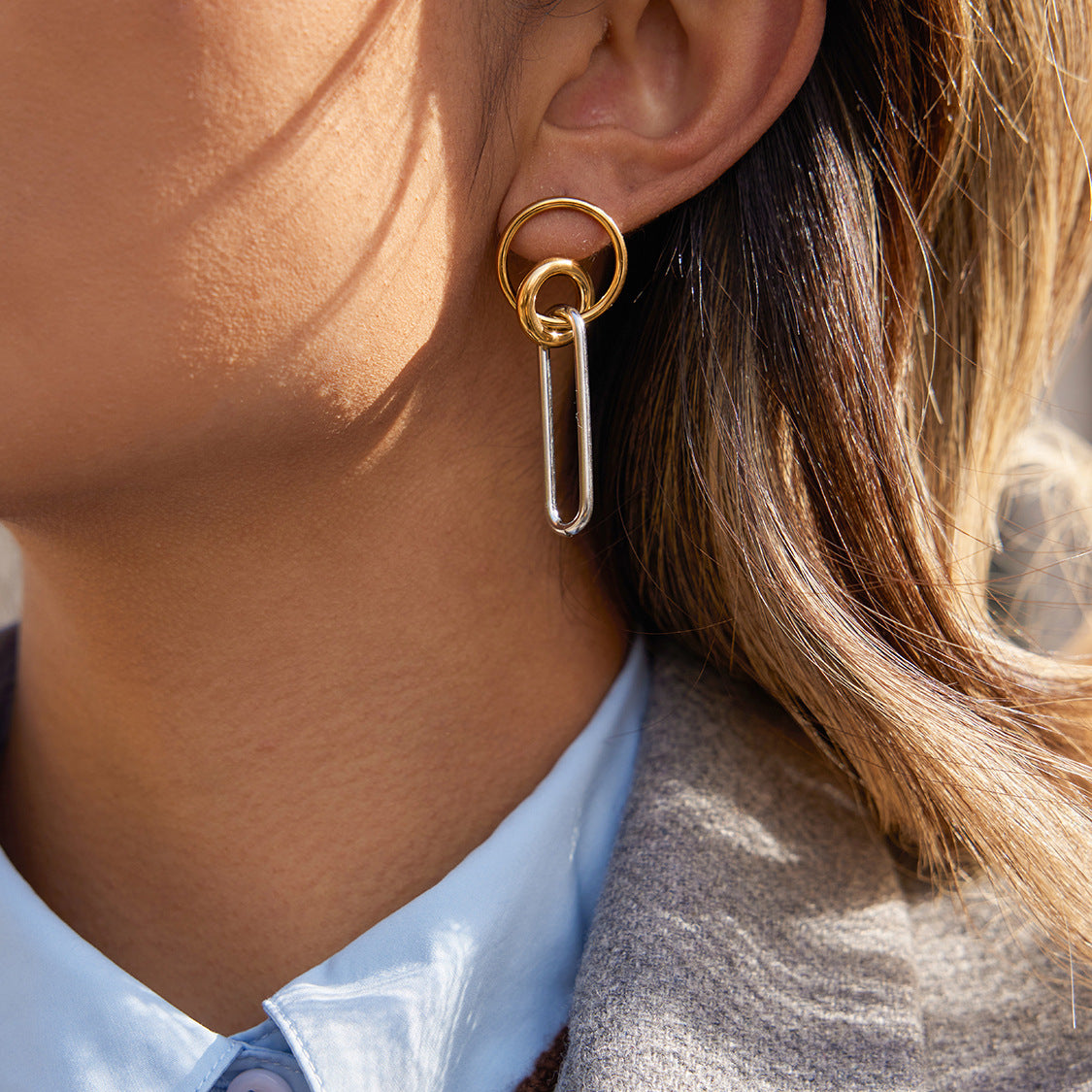 Elegant Minimalist Geometric Oval Stainless Steel 18K Gold Plated PVD Earrings for Women