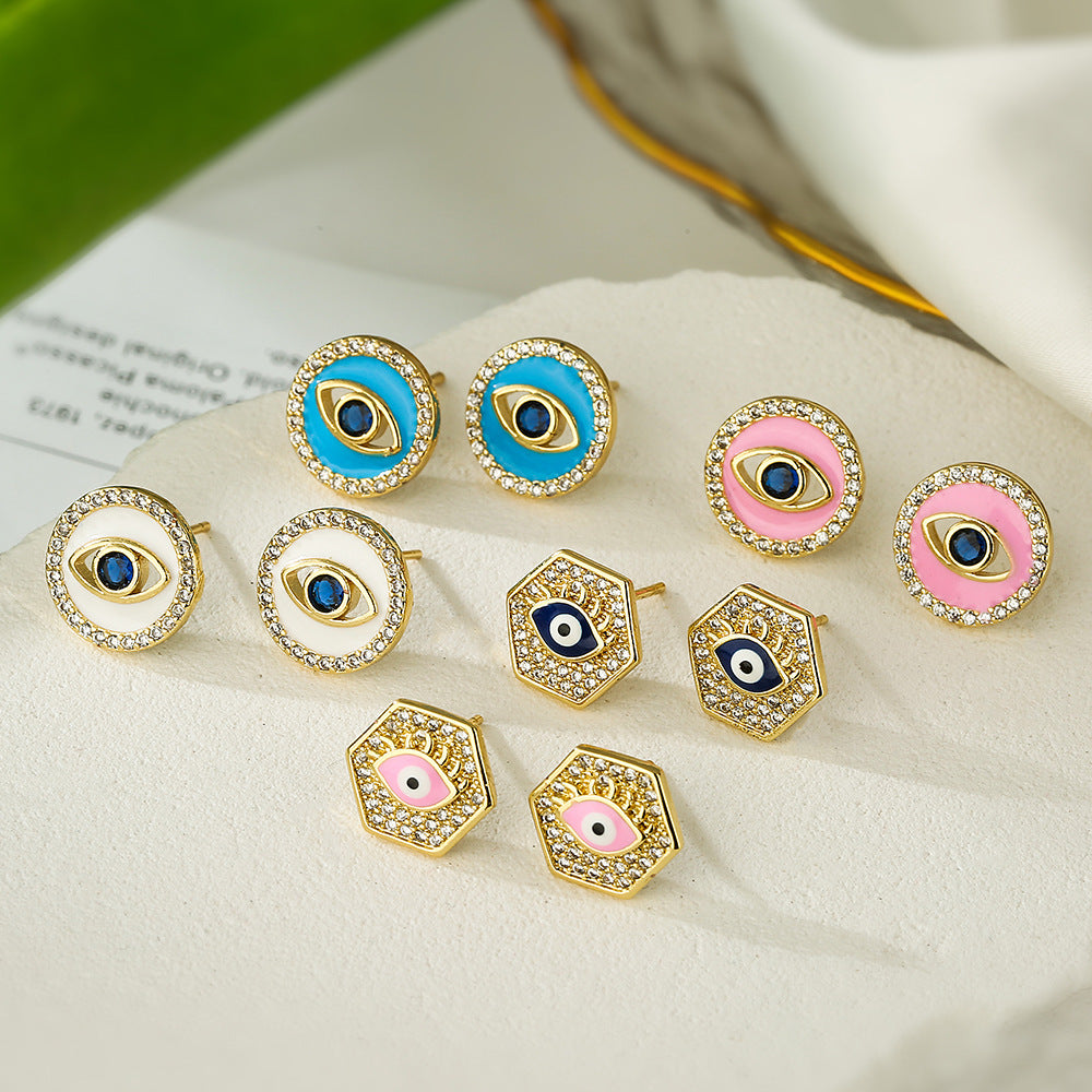 Geometric Demon Eye Earrings for Women with Copper Base Plated in Real Gold and Micro-Paved Zirconia with Enamel Detailing