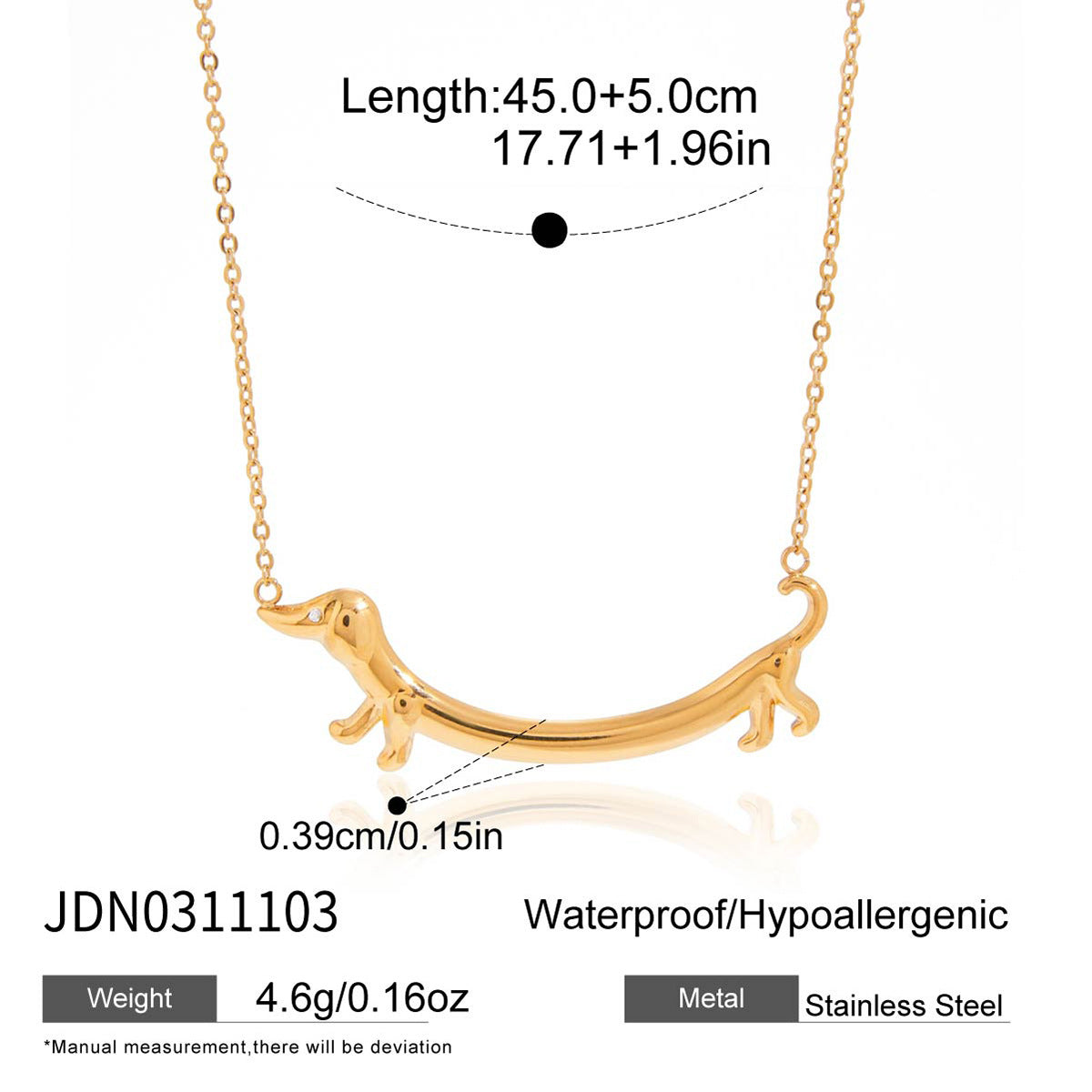 Collar con colgante de perro salchicha minimalista de acero de titanio con chapado en oro al vacío PVD para mujer