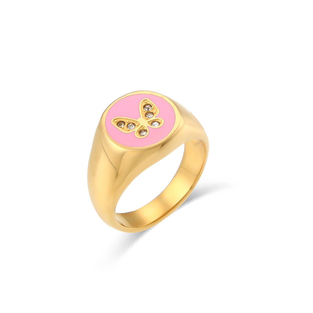 Anillo Geométrico de Mariposa Esmaltado de Circones de Acero Inoxidable Chapado en Oro de 18K Estilo Vintage para Mujer