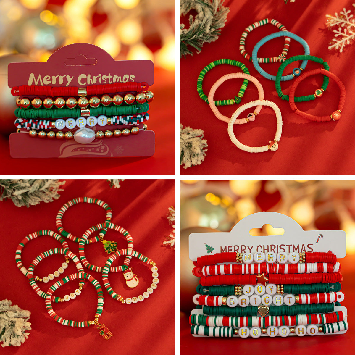 Christmas Letter Resin Bracelet Set Colorful Irregular Beaded with Strawberry and Watermelon Elements Unisex