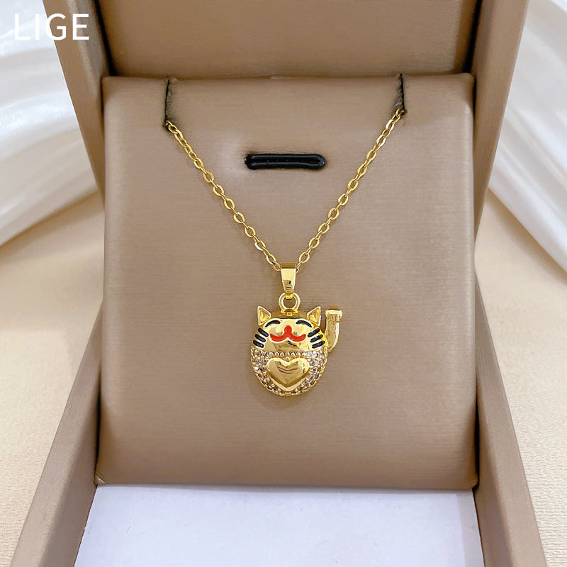 Sweet Elegant Geometric Drip Oil Rhinestone Lucky Cat Necklace Titanium Steel Cable Chain Unisex