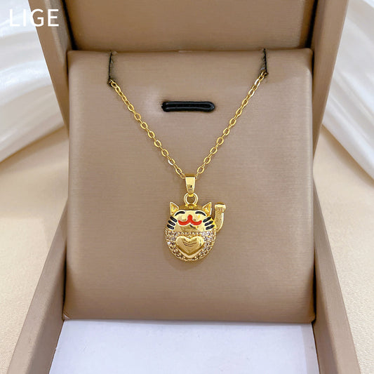 Sweet Elegant Geometric Drip Oil Rhinestone Lucky Cat Necklace Titanium Steel Cable Chain Unisex