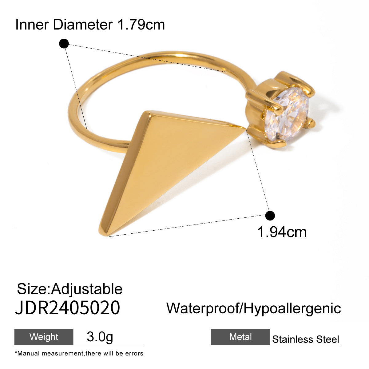Elegante anillo de acero inoxidable con diseño de triángulo geométrico y circonita cúbica, chapado en PVD, para mujer