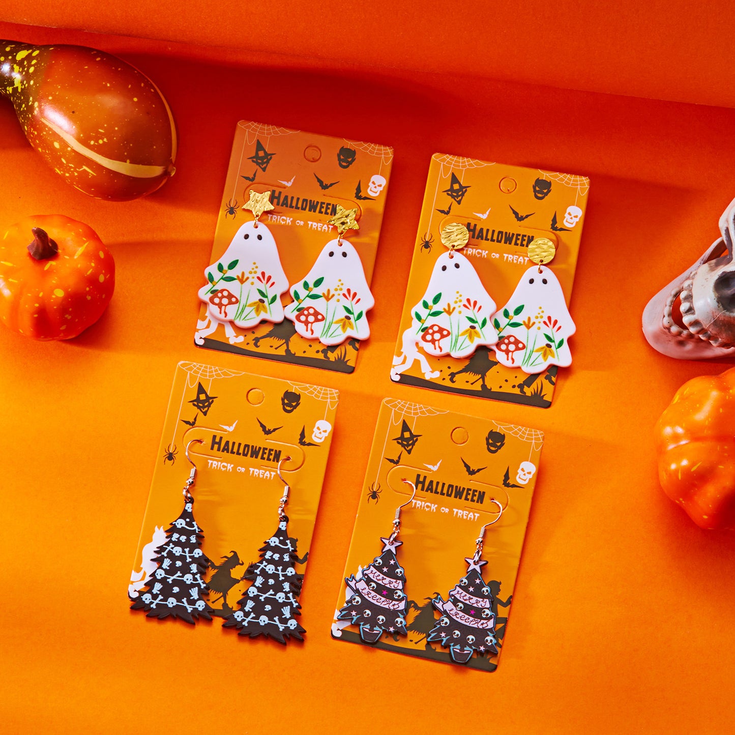 Eleganti Orecchini Pendenti Fantasma di Halloween in Acrilico con Stampa Cartone Animato e Design Geometrico da Donna
