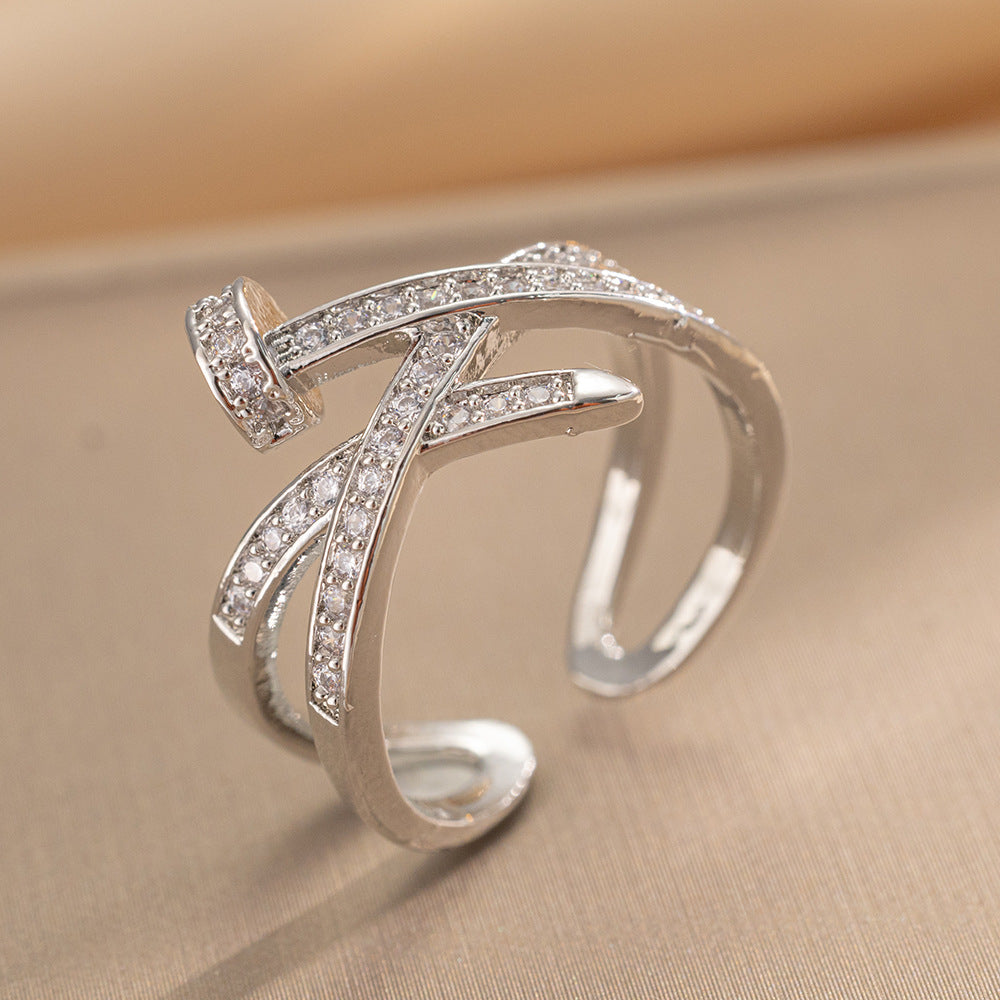 Luxury Minimalist Adjustable Open Ring for Women with Gold-Plated Copper Band and Zircon Stone Accent in Heart and Floral Shape