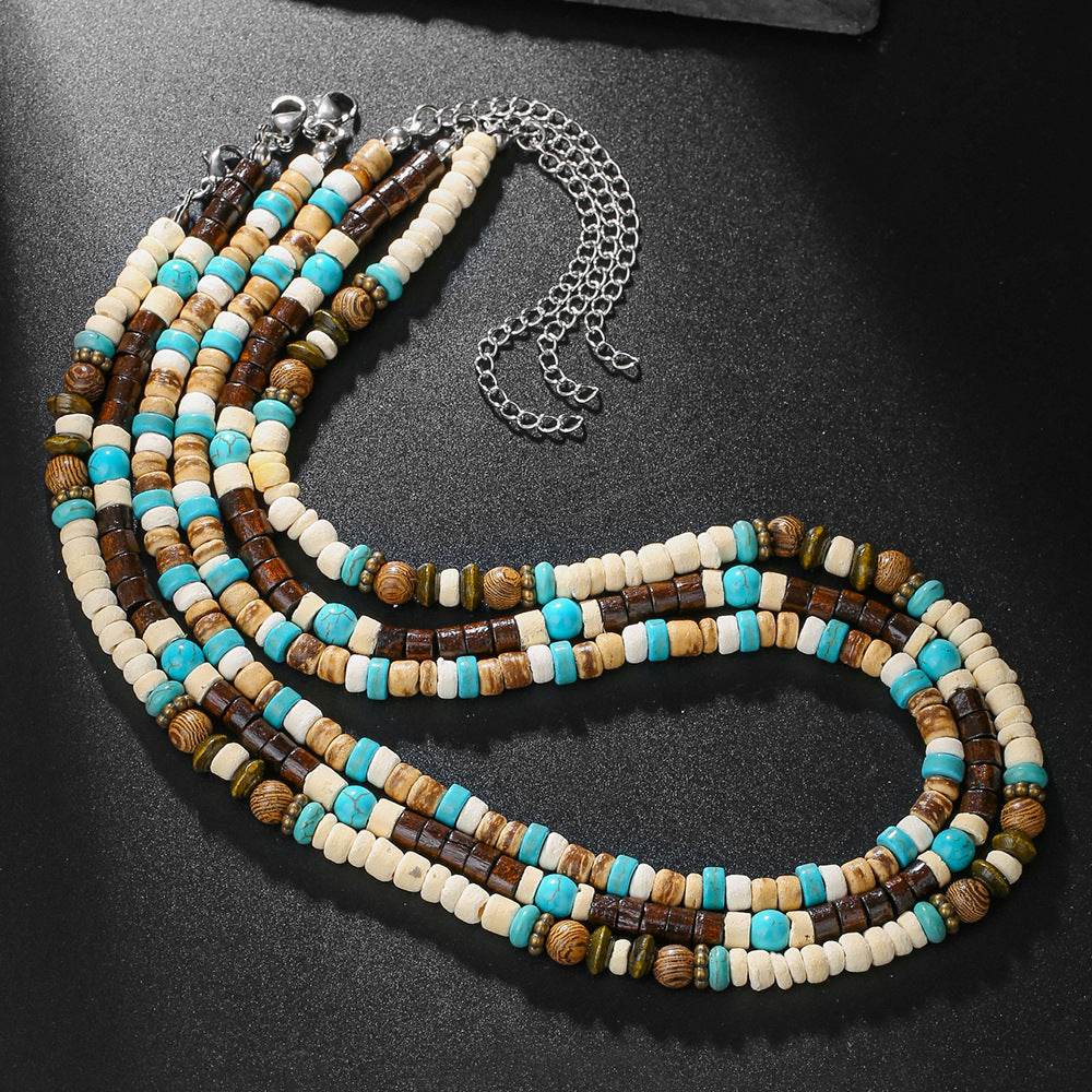 Streetwear Geometric Handmade Stainless Steel Wood Coconut Shell Turquoise Ball Chain Necklace for Unisex