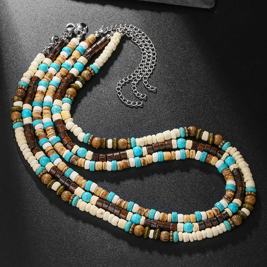 Streetwear Geometric Handmade Stainless Steel Wood Coconut Shell Turquoise Ball Chain Necklace for Unisex