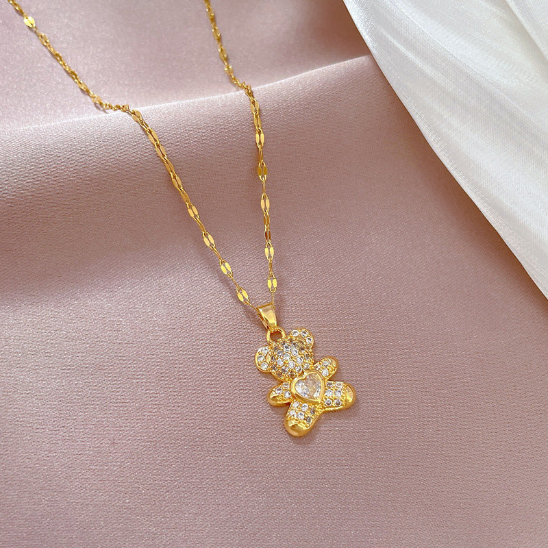 Luxury Titanium Steel Geometric Bear Pendant Necklace for Women with Rhinestone Inlay, Adjustable 21-50 cm Stainless Steel Chain, Dainty Clavicle Jewelry