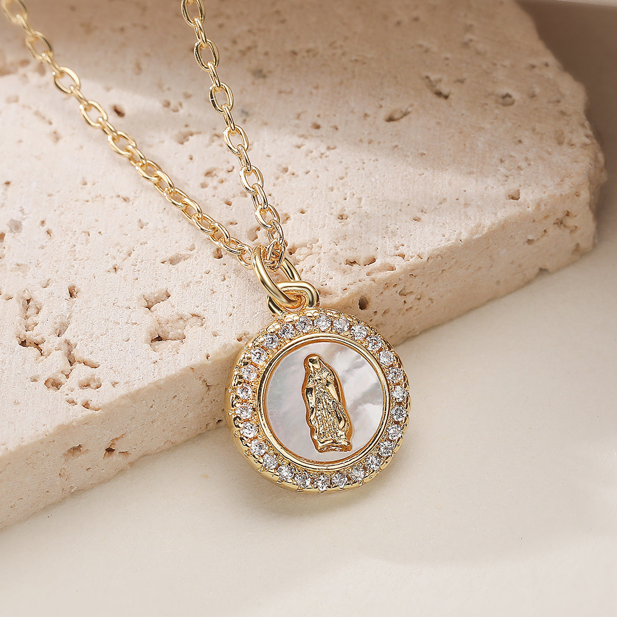 Minimalist 18K Gold Plated Brass Round Cross Pendant Necklace with Cubic Zirconia for Women