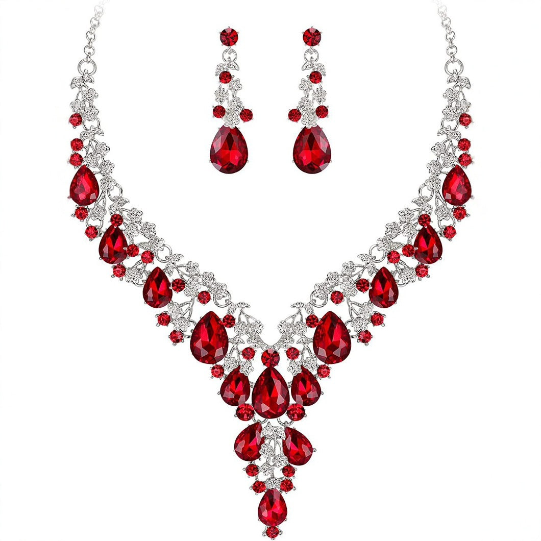 Fashion OL Waterdrop Pendant Necklace and Earrings Set for Women with Rhinestone Inlay on O-Chain for Wedding Evening Gown Formal Occasions