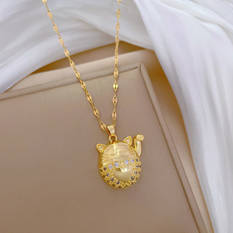 Collana pendente a forma di gatto minimalista in acciaio inossidabile con intarsio di strass per donne e uomini, catena regolabile