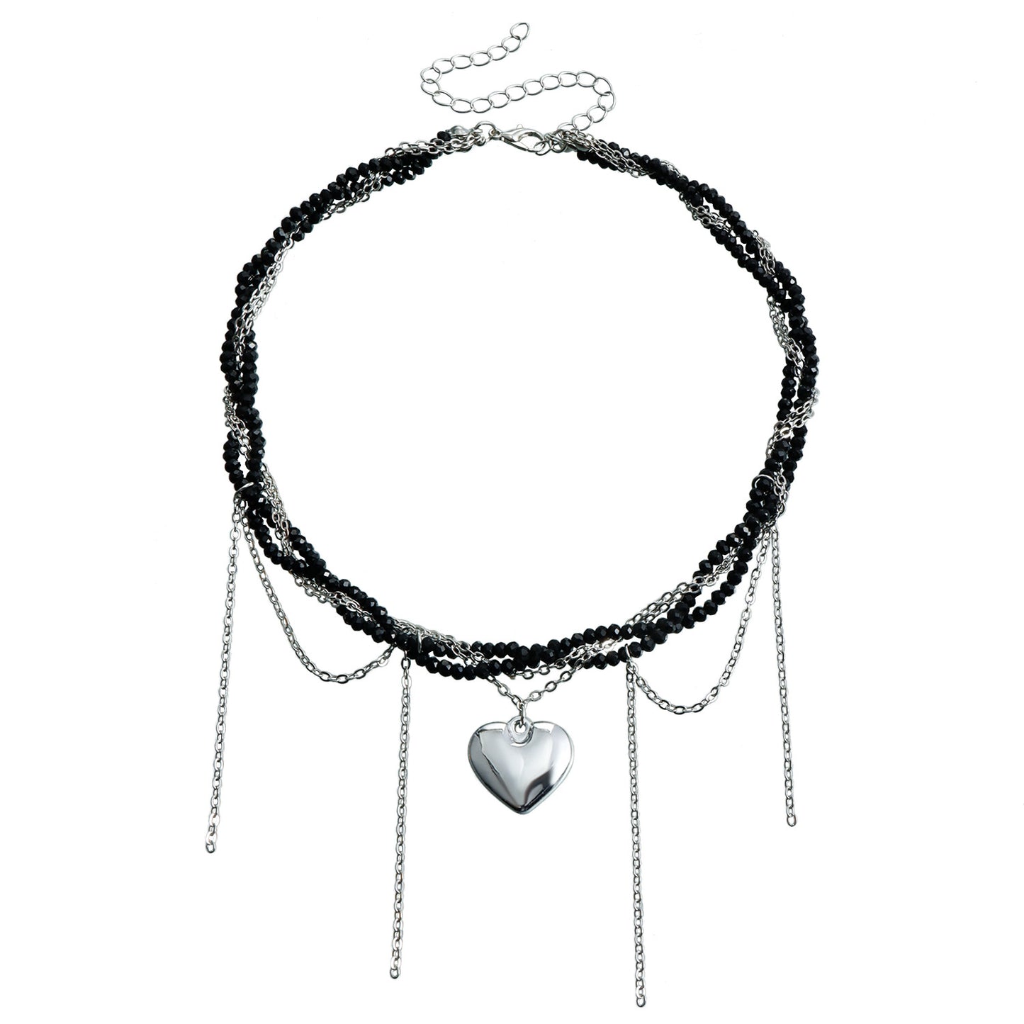Fashionable Heart-Shaped Alloy Pendant Necklace with Plated Finish, Layered Long Locket Chain and Delicate Tassel Detail for Women