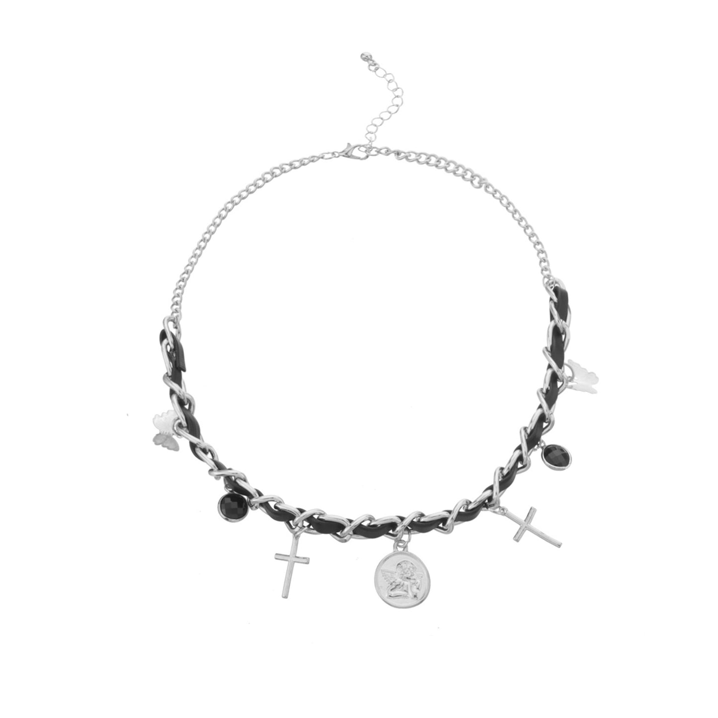 Collana con Pendente Geometrico Tondo Angelo da Donna con Motivi a Croce e Farfalla, Catena in Lega, Finitura Galvanizzata