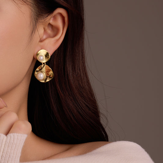 Geometric Stainless Steel Round Pearl-Inlaid Dangle Stud Earrings with Tassels for Women
