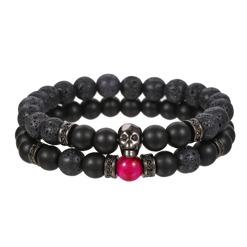 Men's Micro-Paved Cubic Zirconia Skull Geometric Lava Stone Bracelet Set