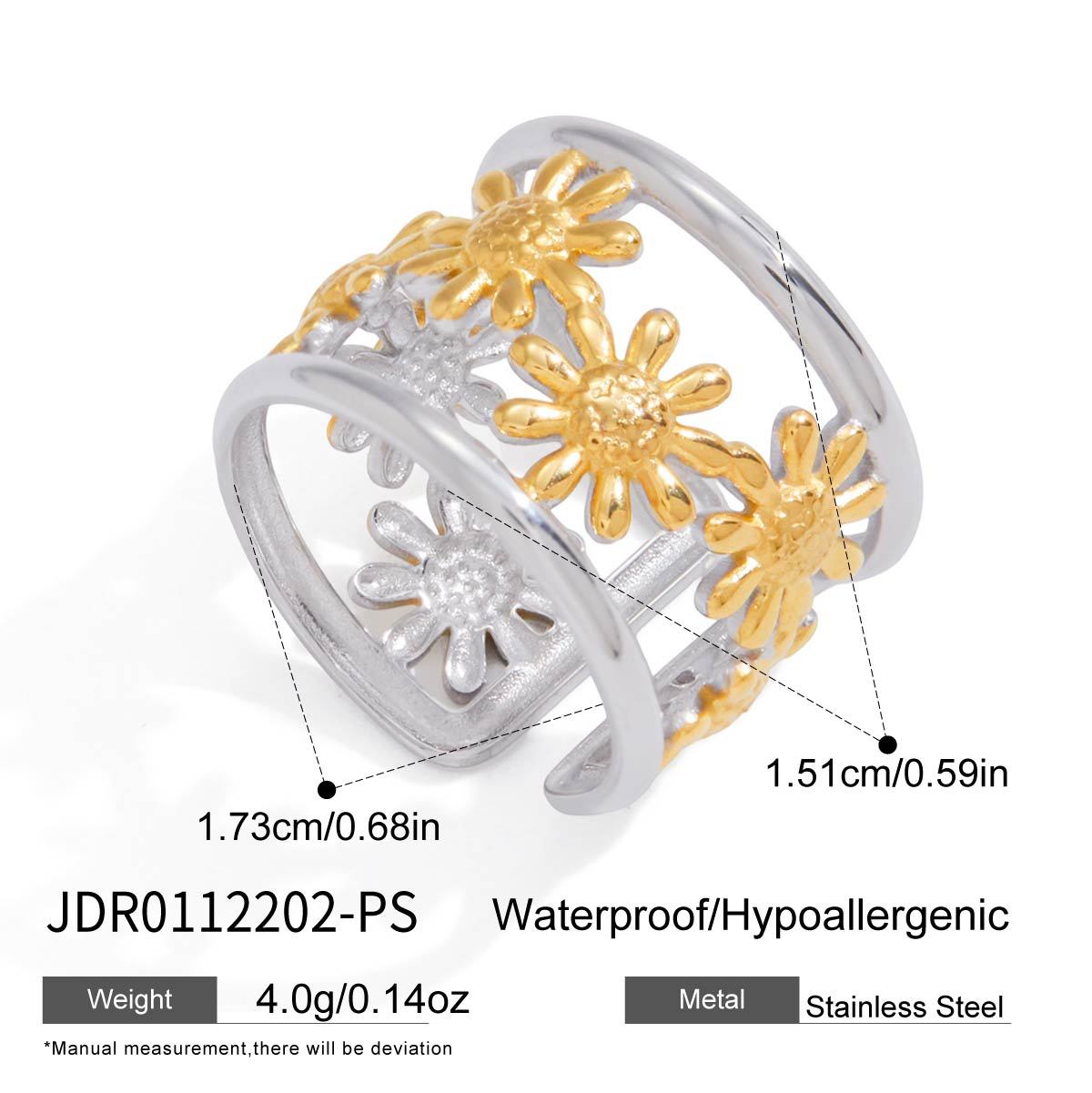Sweet Streetwear Two-Tone Gold and Silver Plated Stainless Steel Floral Curve Bracelet and Ring Set for Women