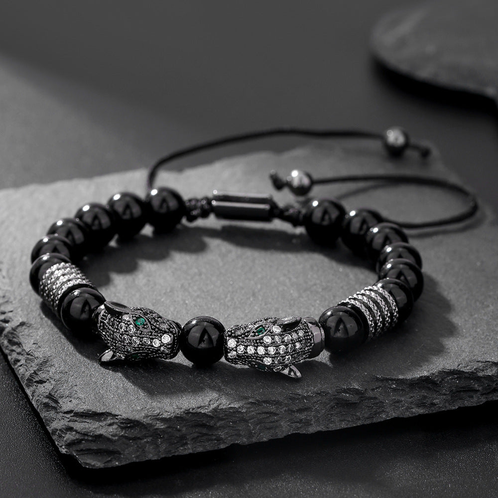 Hip-hop Micro-inlaid Cubic Zirconia Leopard Head Adjustable Stainless Steel Bracelet with Black Agate