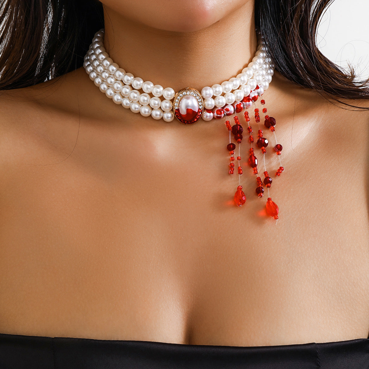 Gothic Style Geometric Pendant Choker Necklace with Alloy Chain and Faux Pearl Drops for Women