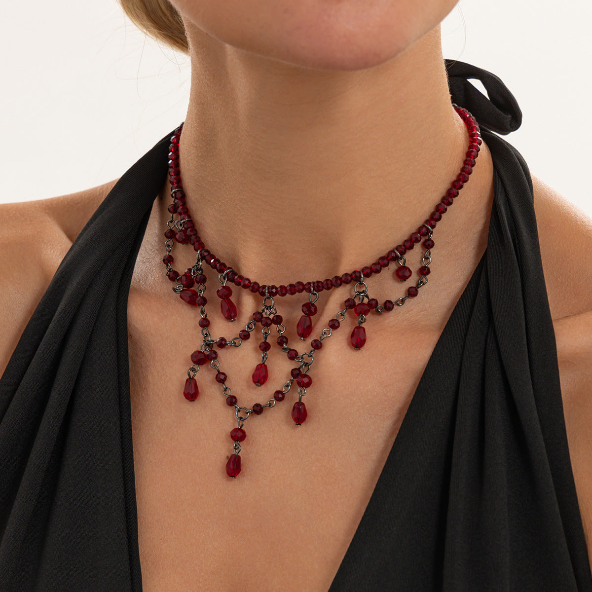 Gothic Red Crystal Teardrop Pendant Drip Oil Tassel Necklace for Women
