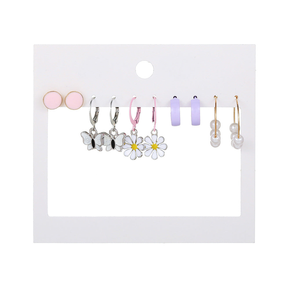 Sweet Minimalist Geometric Butterfly Drip Oil Alloy Earrings with Floral Elements