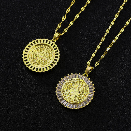 Minimalist Geometric Stainless Steel Saint Benedict Pendant Necklace for Women with Gold-Plated Copper Charm and Lip-Shaped Chain