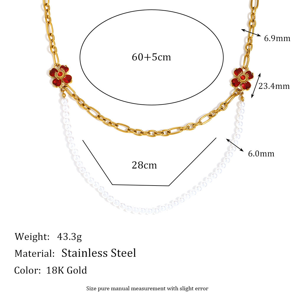 Fashionable Floral-Shaped Stainless Steel Pendant Necklace with 18K Gold Plating and Imitation Pearl Accents for Women