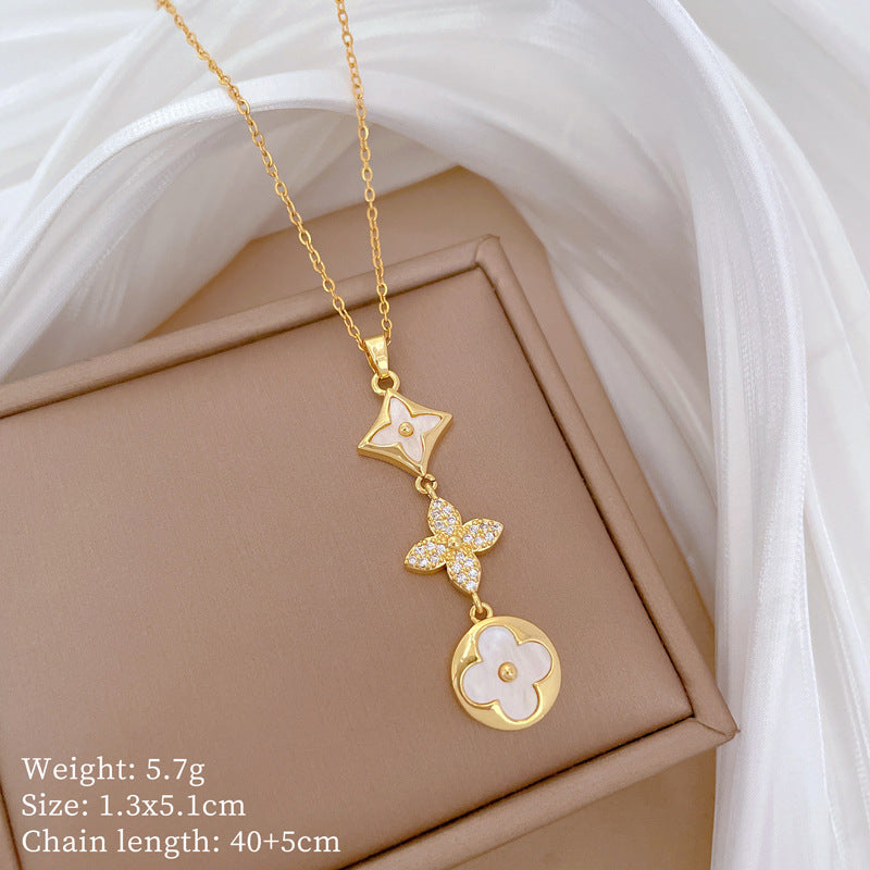 Geometric Minimalist Titanium Steel Lip Chain Necklace with Copper Pendant and Rhinestone Inlay