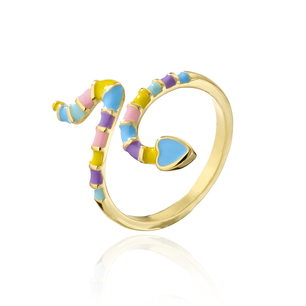 Bohemian Style 18K Gold Plated Copper Snake Shape Open Ring with Enamel Micro-Inlay for Women