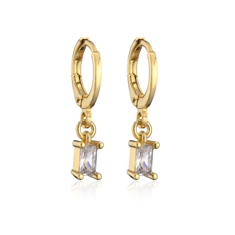 Minimalist Geometric Rectangle Zircon Pendant Earrings in Copper with Ear Hook Closure