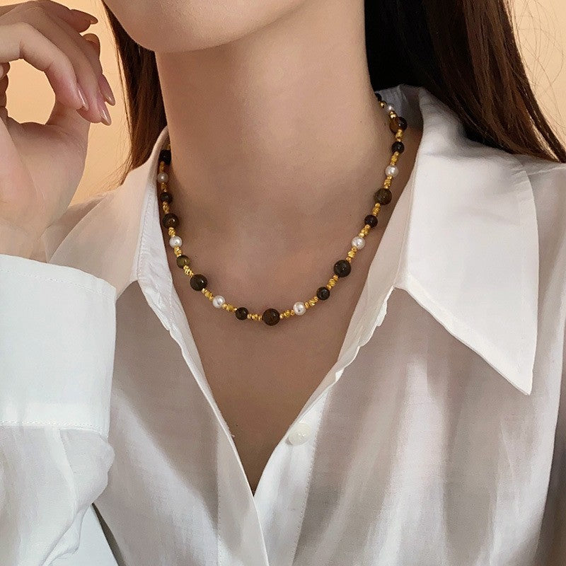 Collana con Ciondolo Vintage a Occhio di Tigre Geometrico Placcata Oro 18K Lunga per Maglione da Donna