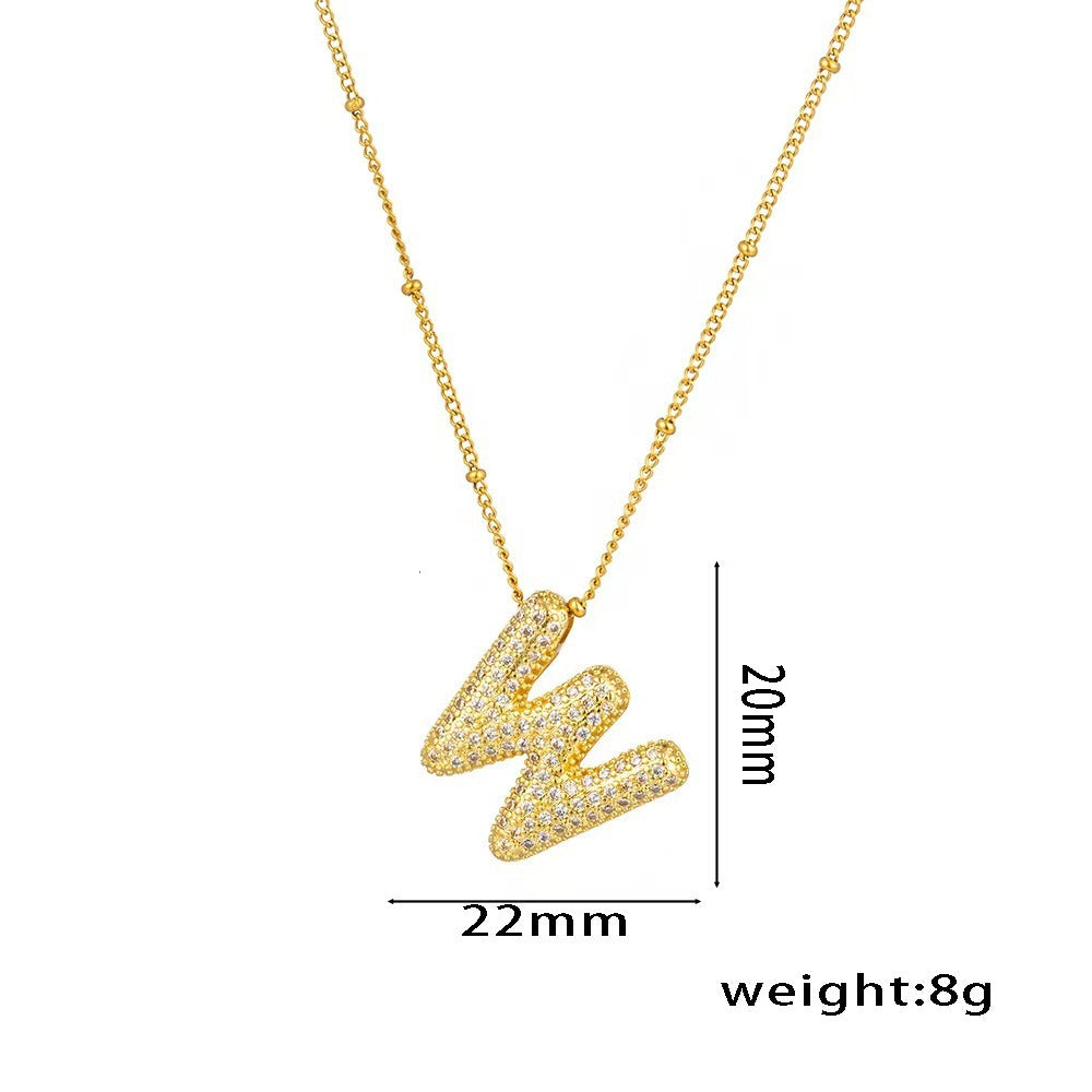 Collana con ciondolo a lettera in zirconi micro-pavé placcato oro 18 carati, catena di perline in acciaio inossidabile/acciaio al titanio, gioielli unisex alla moda per pendolari