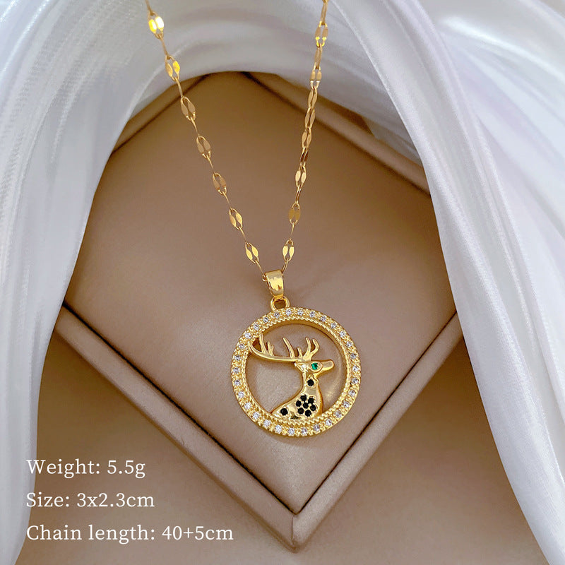 Minimalist Geometric Lucky Deer Pendant Necklace for Women and Men Stainless Steel Snake Chain with Rhinestone Accents